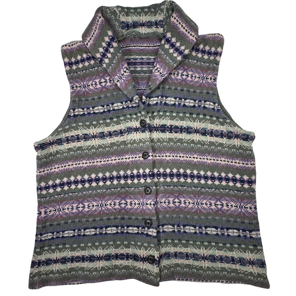 Chaps Fair Isle Knit Sweater Vest Button Front Pastel Women's M Cotton Blend‎